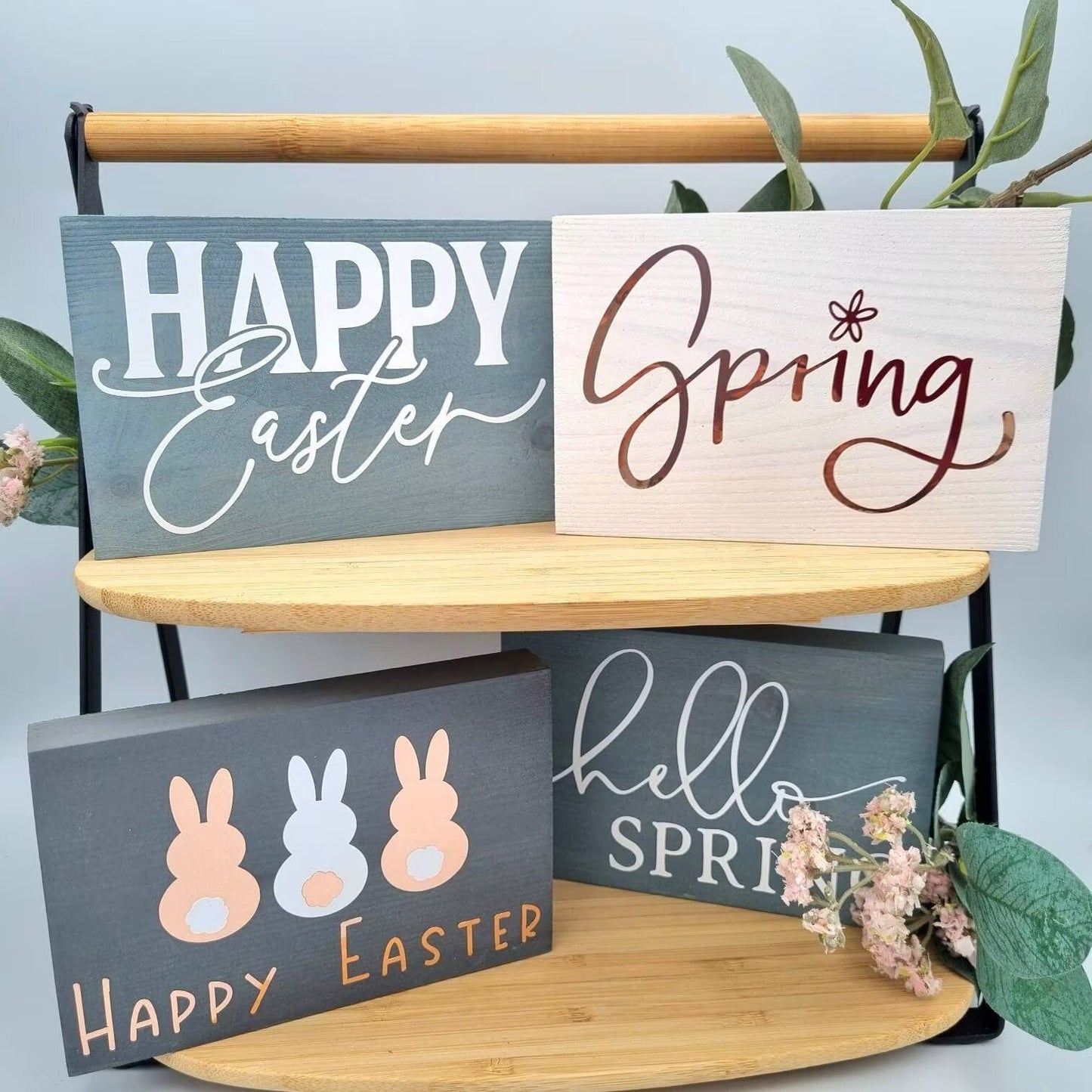 Wooden Spring and Easter tiered tray mini decorative signs