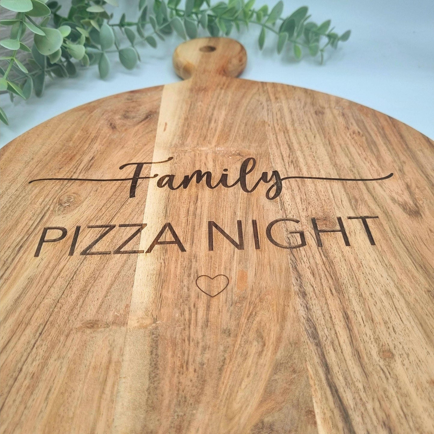Personalised Engraved Rustic Acacia Wood Pizza Board. Family Pizza night serving Board.