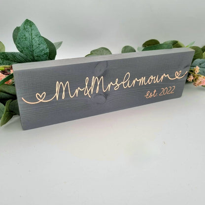 Wooden Mr and Mrs Sign Personalised with the Names and Year of Your Choice.