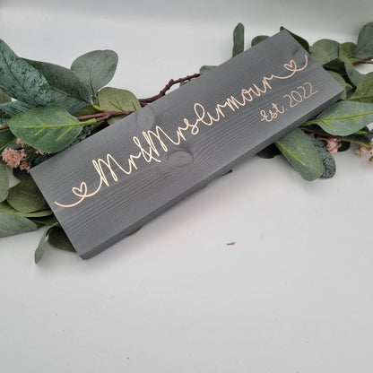 Wooden Mr and Mrs Sign Personalised with the Names and Year of Your Choice.