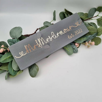 Wooden Mr and Mrs Sign Personalised with the Names and Year of Your Choice.
