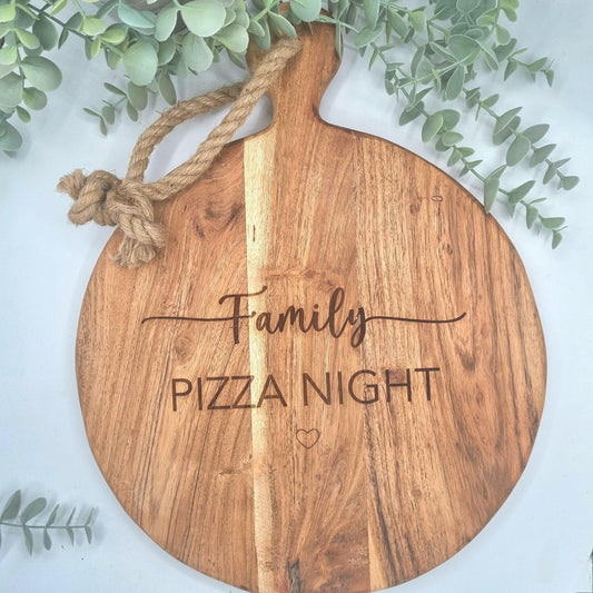 Personalised Engraved Rustic Acacia Wood Pizza Board. Family Pizza night serving Board.