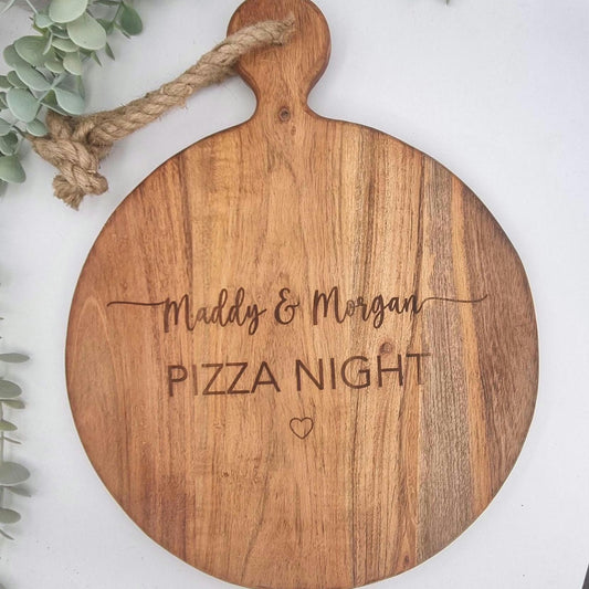 Personalised Engraved Rustic Acacia Wood Pizza Board. Family Pizza night serving Board.
