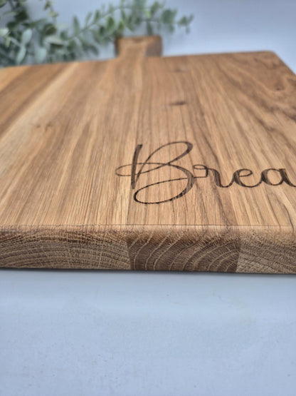 Chunky oak engraved chopping  bread board with handle